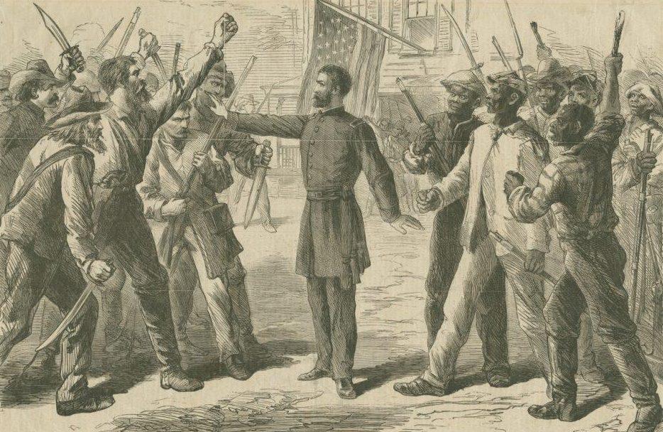 A historical drawing shows a uniformed man standing between two groups of armed men, gesturing to calm them. The men appear tense, and an American flag is visible in the background.