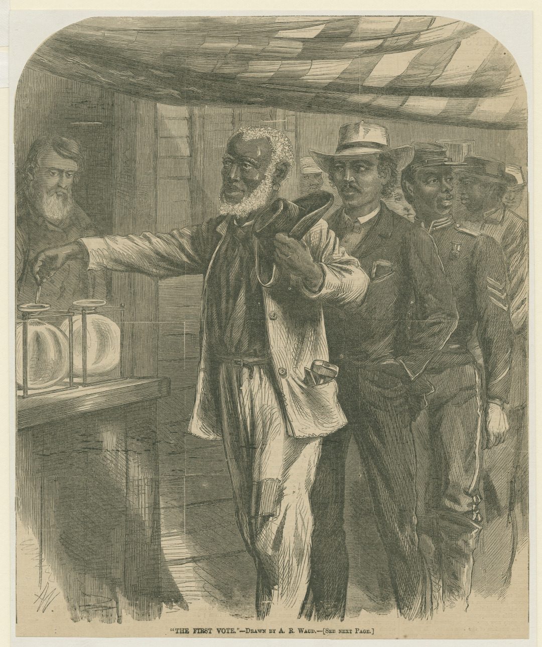 "The First Vote," an engraving by Alfred Waud from Harper’s Weekly (November 16, 1867), shows a Black man voting.