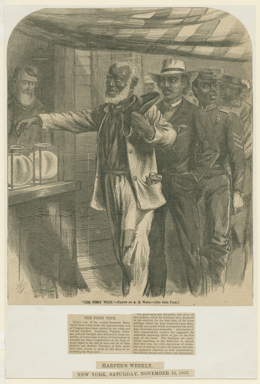 A historical illustration depicting an African American man casting his vote, surrounded by others at a polling station. It is a scene from the late 1800s, with the men wearing period attire. The artwork is from Harpers Weekly, dated November 16, 1867.