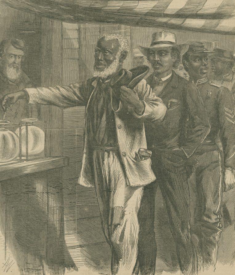 A historical illustration depicts African American men waiting in line to vote. An elderly man at the front places a ballot in a box, with others standing behind him, in what appears to be a 19th-century setting.