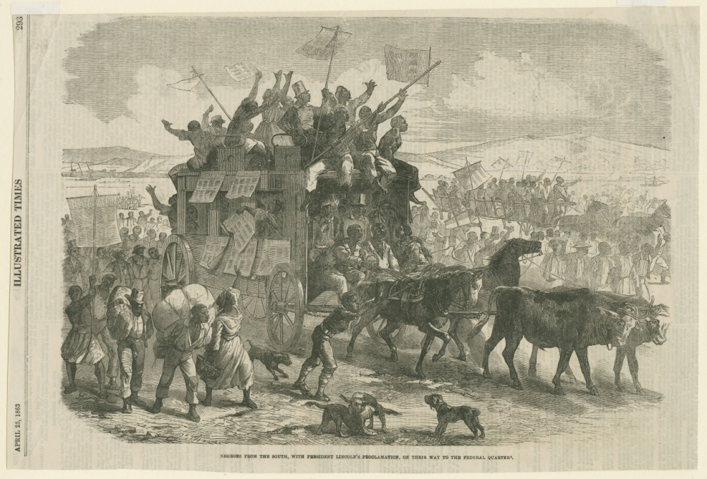A detailed illustration depicting a crowded stagecoach with passengers celebrating loudly, holding flags and newspapers. The carriage is pulled by oxen, surrounded by people, some carrying bundles, with dogs in the foreground.