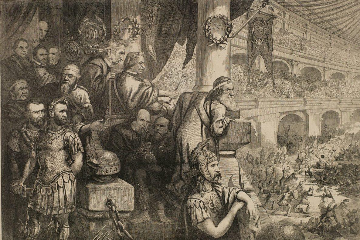 A detailed black and white illustration depicting a scene in a Roman amphitheater. Onlookers, including officials and soldiers, observe from a raised platform as a gladiatorial battle unfolds below. The crowd is packed, with banners and statues visible.