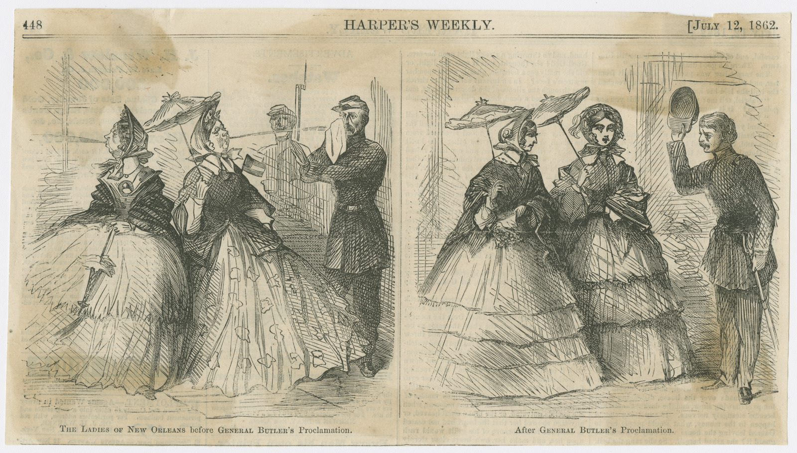 A historical illustration from Harpers Weekly dated July 12, 1862, showing New Orleans women interacting with soldiers. The left side depicts women being defiant, while the right shows a soldier approaching women with respect.