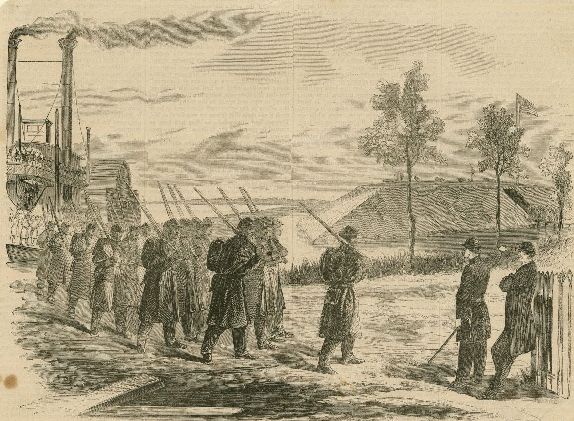 A historical illustration depicts soldiers marching in formation along a riverbank, with a steam-powered boat in the background. Two officers stand on the right, observing the procession. Trees and a small building are visible, with an American flag in the distance.