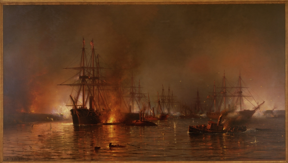 A dramatic maritime scene with several ships aflame, casting reflections on the water. The darkened sky is illuminated by fire, creating a vivid contrast. Smoke billows as smaller boats are visible in the chaotic foreground.