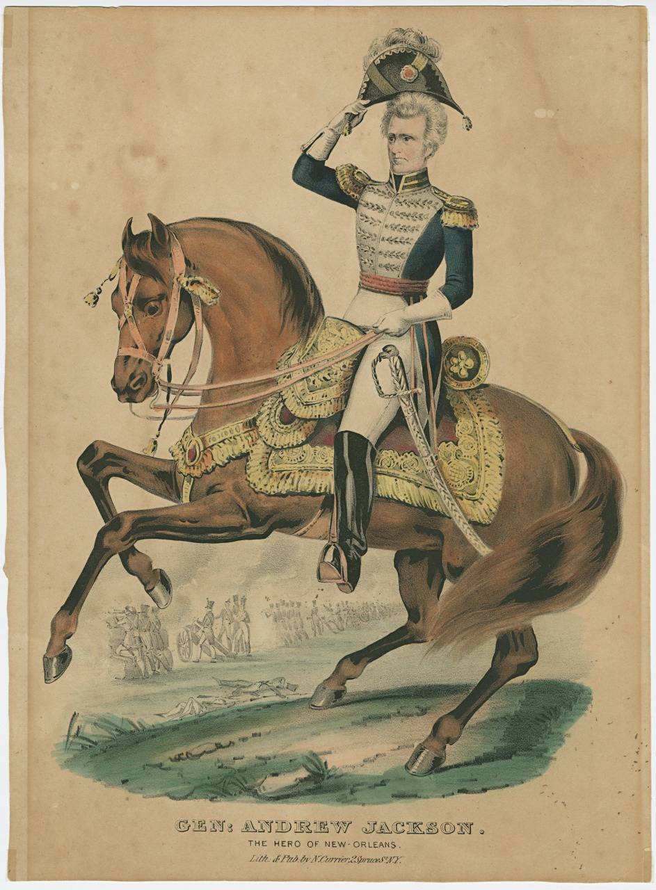 A vintage illustration of General Andrew Jackson on horseback. He is dressed in a military uniform with a sword, and is raising his hat. In the background are soldiers and a battle scene. The caption reads Gen. Andrew Jackson, The Hero of New Orleans.