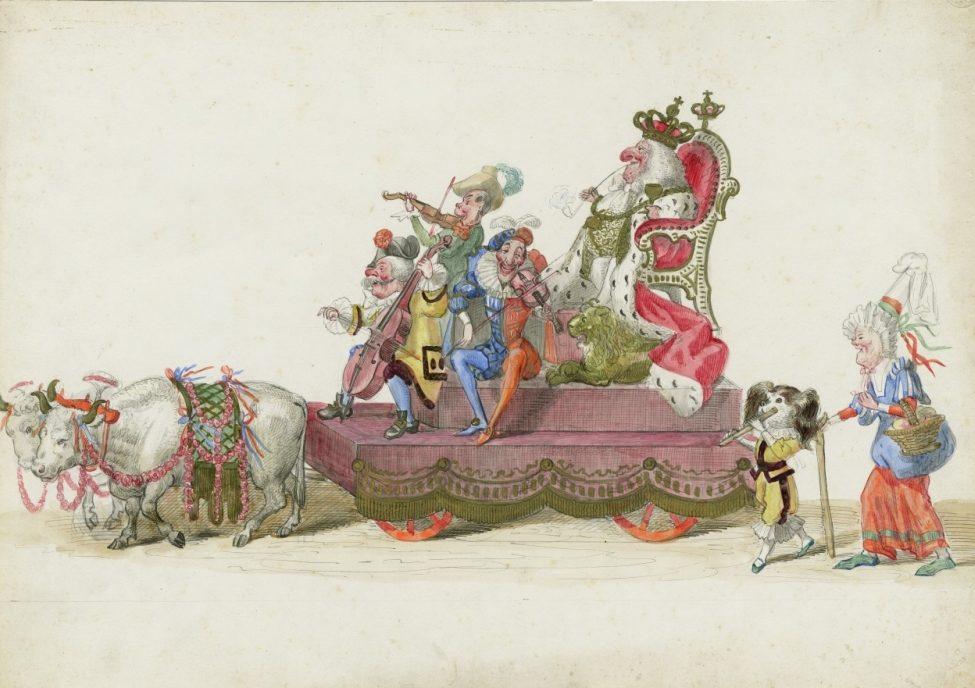 A whimsical scene with a regal figure on a throne atop a wheeled platform, surrounded by musicians. A cow pulls the platform, adorned with flowers. A dog and a person in traditional attire walk alongside, carrying a young child.