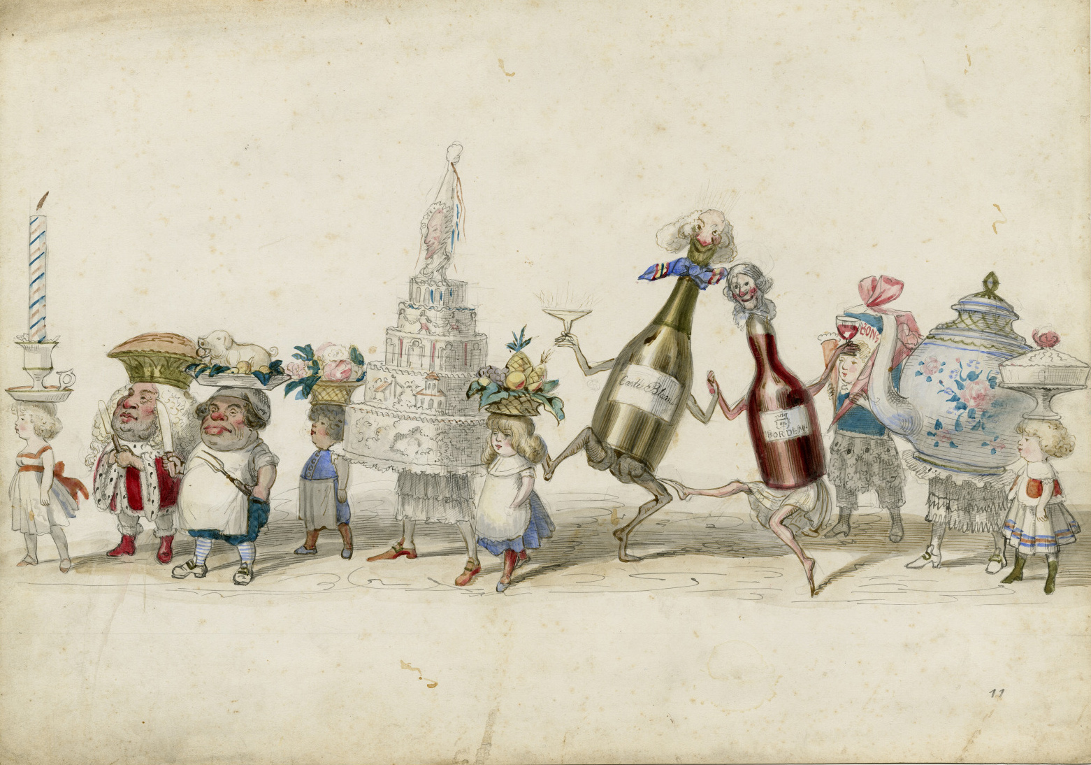 An illustration of a pageant design entitled "Twelfth Night Revelers." Dancing champagn bottles, cakes, teacups and more are depicted.