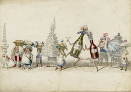 An illustration of a pageant design entitled "Twelfth Night Revelers." Dancing champagn bottles, cakes, teacups and more are depicted.