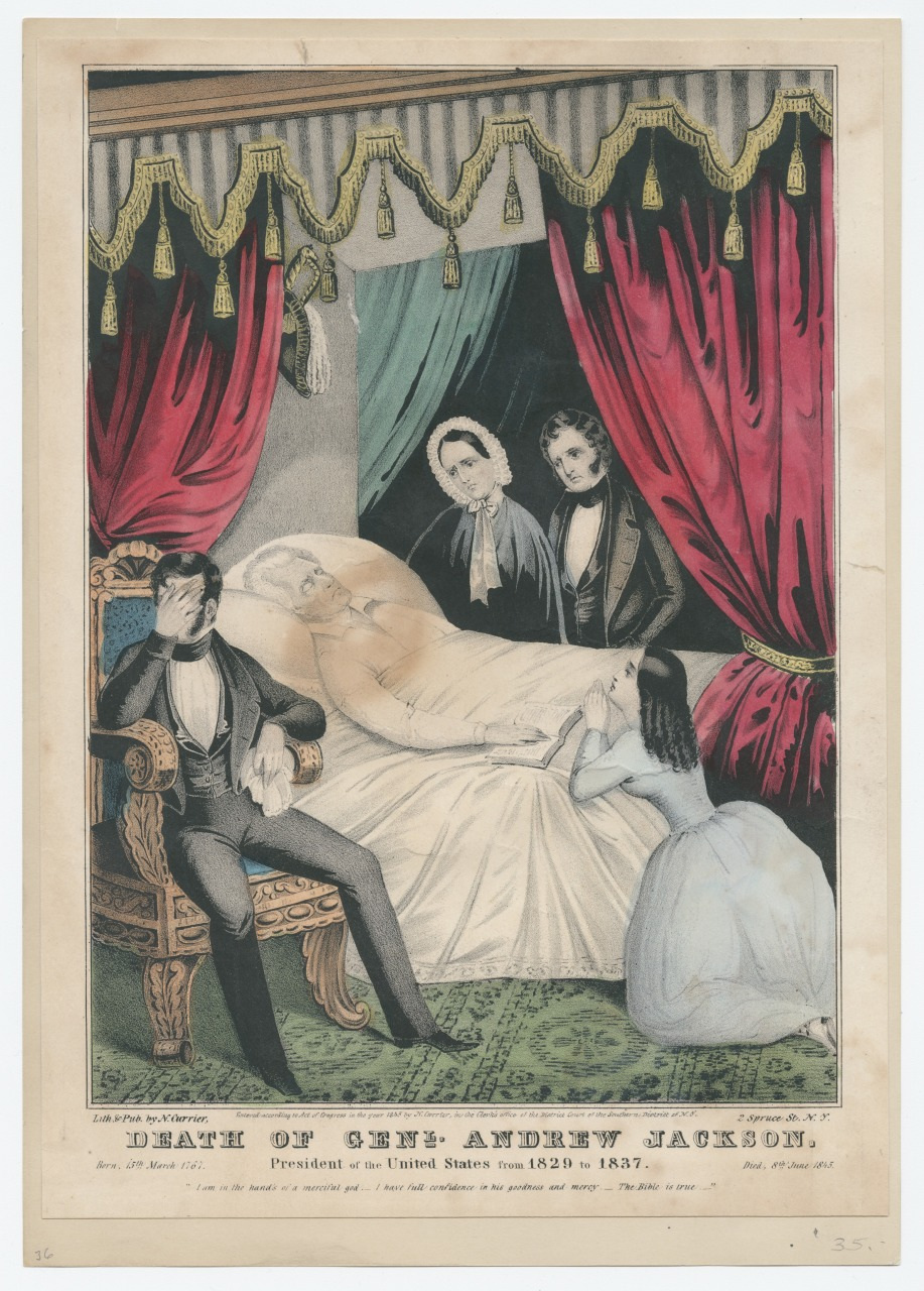 A somber scene depicting several mourners gathered around the deathbed of a man. The room is adorned with red and green curtains. One person sits in a chair, others stand or kneel nearby, all exhibiting expressions of grief.