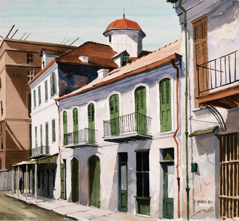A painting of a street with historic buildings featuring white walls and green shutters. The structures have balconies and a red roof. A larger brick building is in the background, under a clear blue sky.