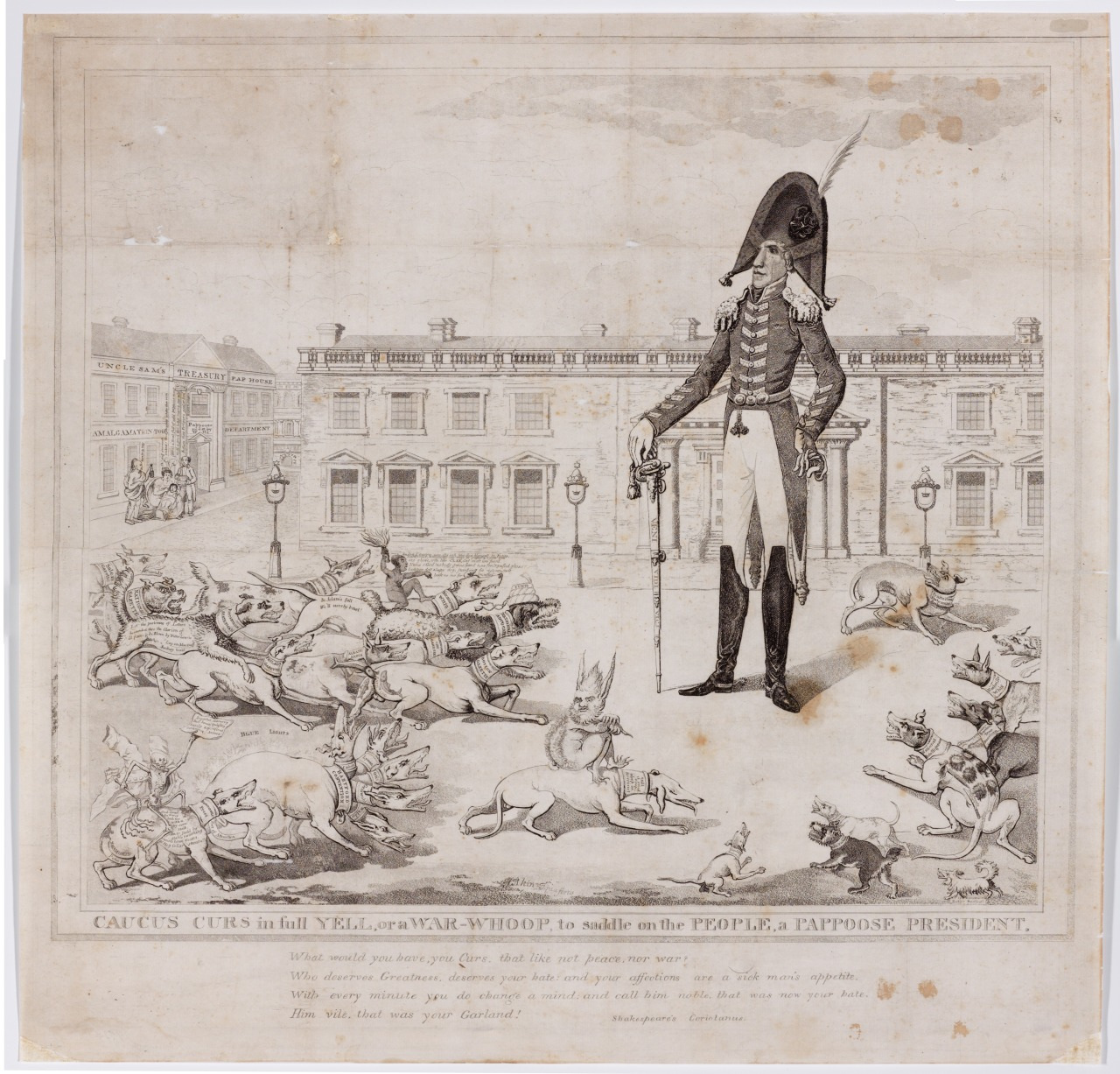 A political cartoon depicting a military figure with a large hat and sword amid barking dogs labeled as “Caucus Curs.” Buildings and lampposts line the background. Text at the bottom includes a dialogue relating to a “fappoodle president.”.
