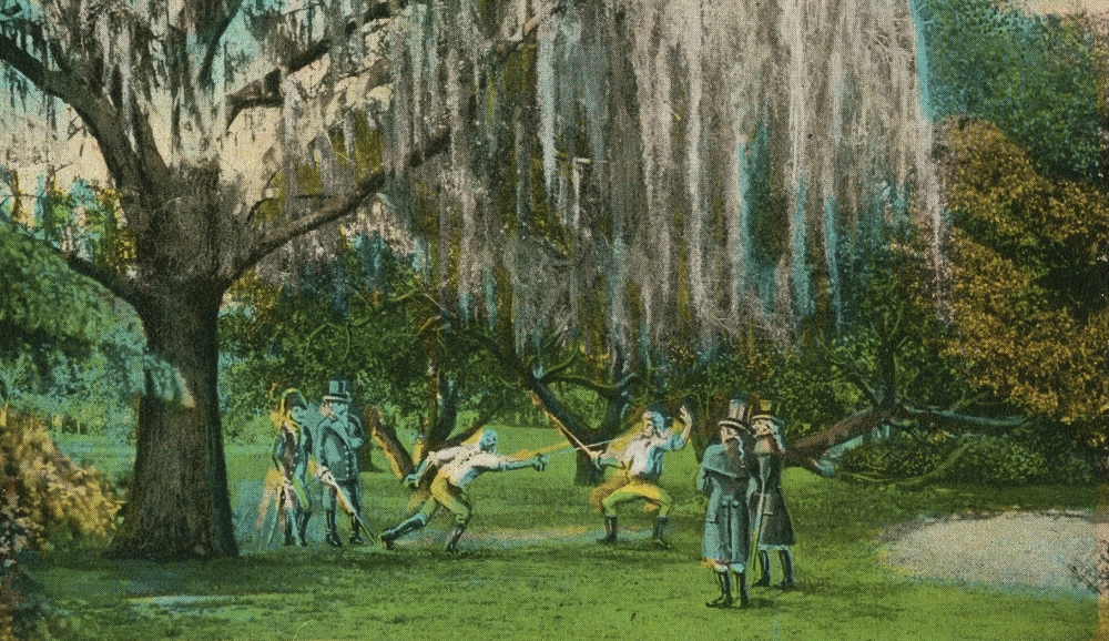 A historical scene depicting two men dueling with swords under a large tree in a grassy area, while several onlookers in period attire watch. The setting has lush greenery and hanging moss.