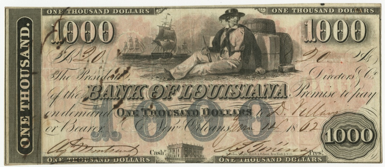 Vintage $1000 banknote from the Bank of Louisiana, featuring a seated woman with nautical elements and a ship. The note is dated 1842, with intricate designs and signatures on a faded background.