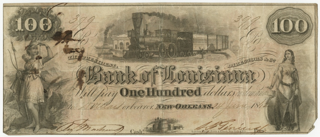 An antique Bank of Louisiana 100-dollar banknote featuring ornate designs, with a steam locomotive illustration in the center, and two female figures on the sides. The note displays intricate typography and decorative elements.