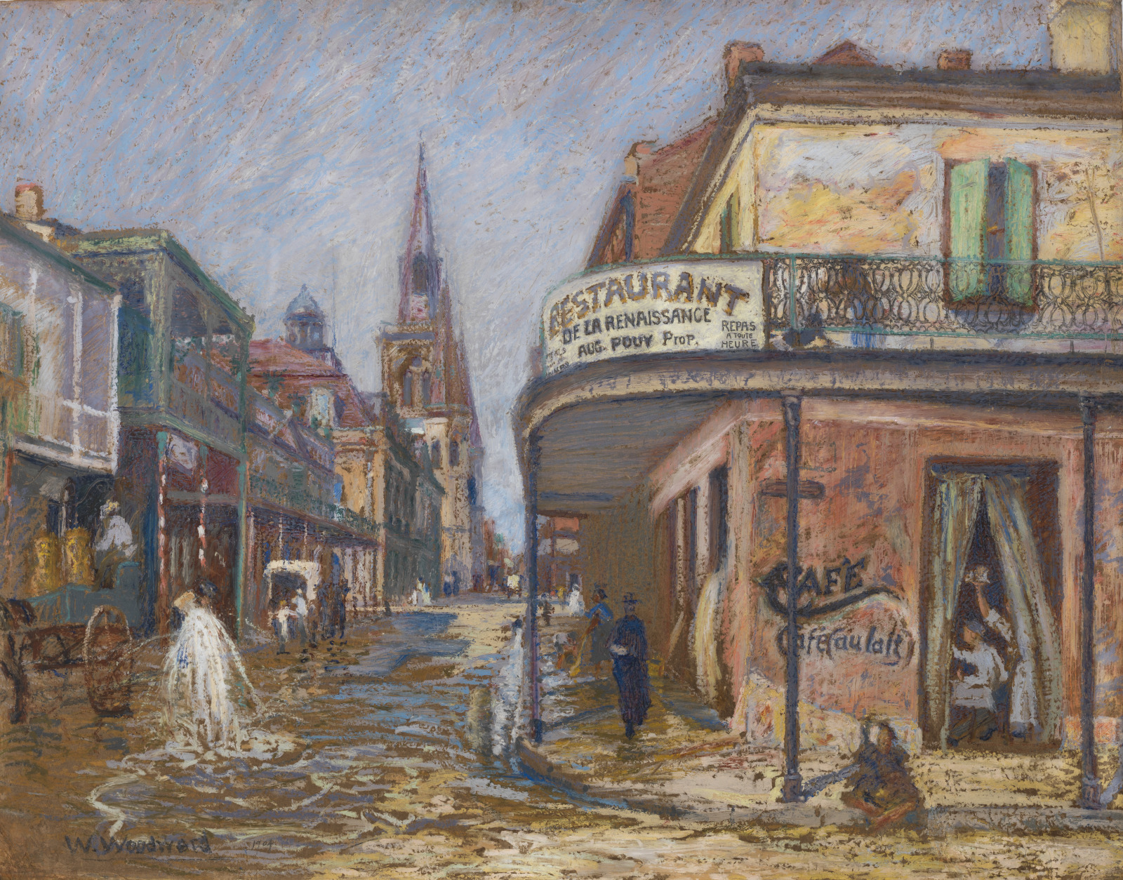 Restaurant de la Renaissance, 1904, oil pastel on board by William Woodward.