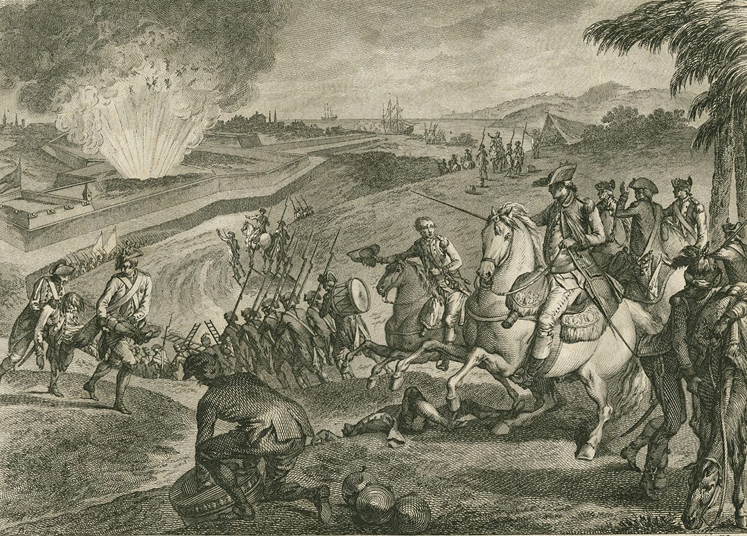 Illustration showing the siege of the forts of Pensacola by forces commanded by Bernardo de Gálvez.