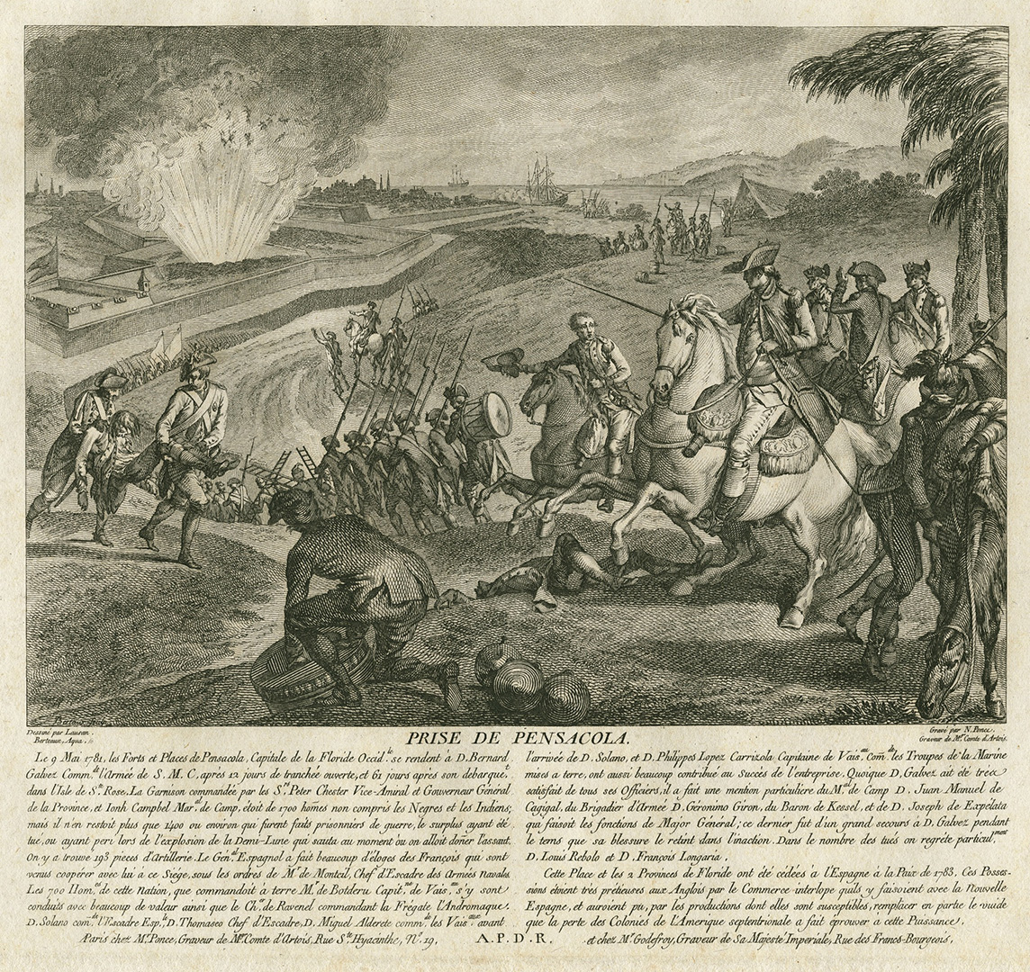 Illustration showing the siege of the forts of Pensacola by forces commanded by Bernardo de Gálvez.