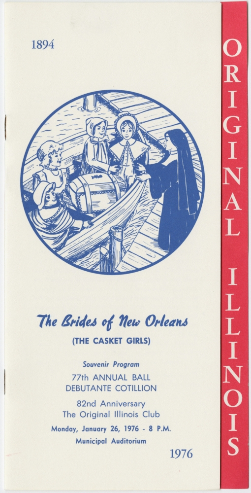 A vintage-style illustration shows women in 18th-century dress next to a nun, with a ship in the background. Text includes details about The Brides of New Orleans, a ball, and a cotillion event at the Original Illinois Club in 1976.