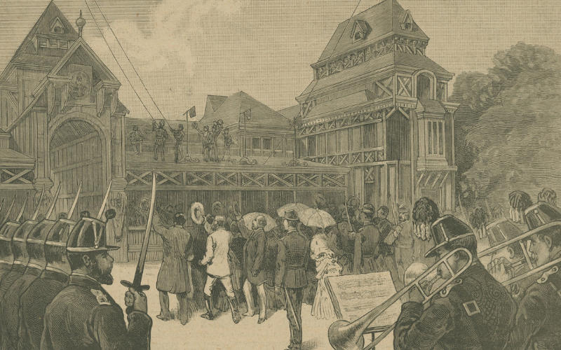 An old illustration depicts a formal outdoor event with a gathering of people dressed in period clothing. In the foreground, a brass band is playing, while in the background, a large ornate gate with decorative structures is visible.