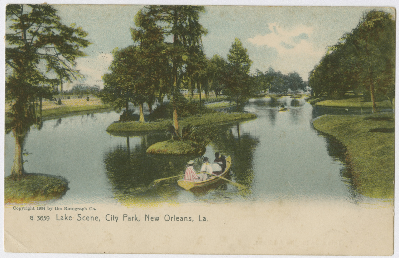 A vintage postcard illustration shows people in small boats on a serene lake surrounded by lush greenery at City Park in New Orleans, Louisiana. The scene depicts a tranquil, scenic view with trees and clear skies.
