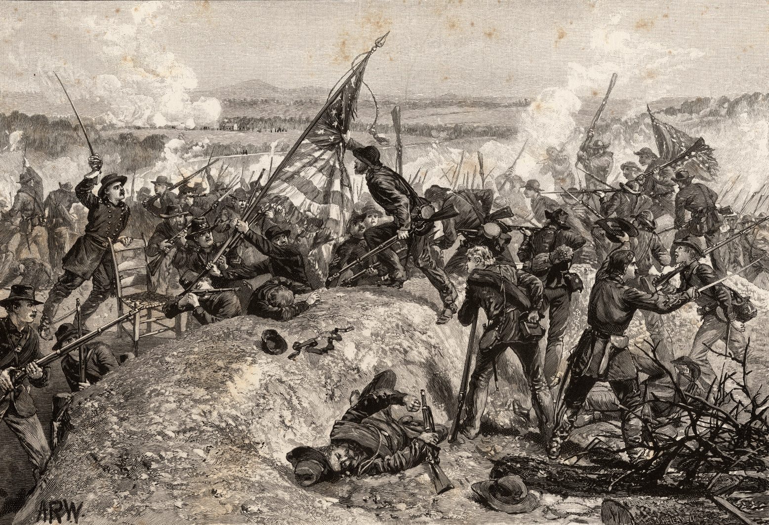 A chaotic battlefield scene depicting a 19th-century military conflict. Soldiers in uniforms are engaged in intense combat with rifles and swords. Smoke and fire fill the air, and fallen soldiers lie on the ground. An American flag is prominently displayed.