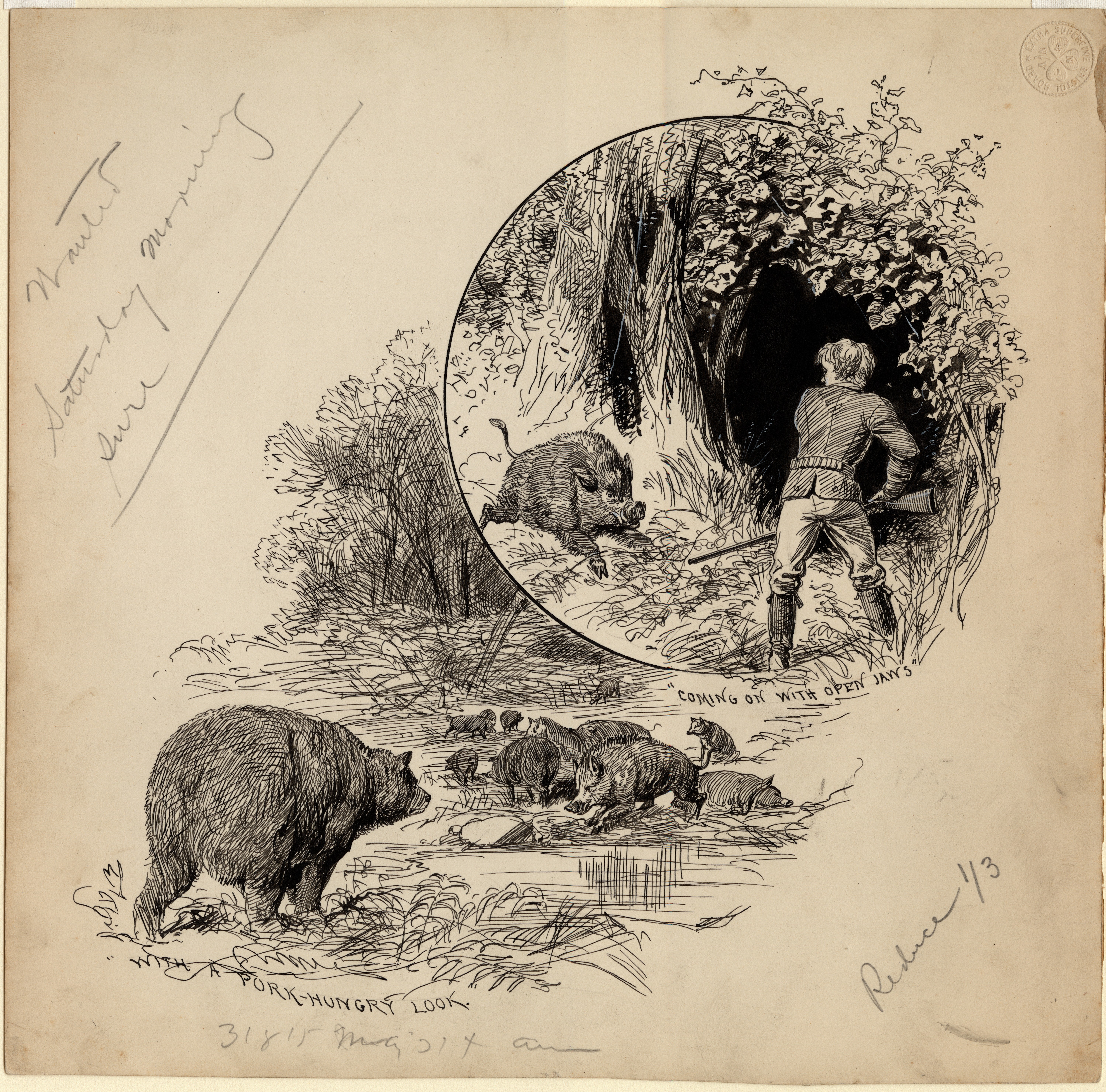 A black and white illustration shows a man peering into a cave, where a bear watches him. In the foreground, more bears are seen near a river. Handwritten notes and signatures are visible around the drawing.