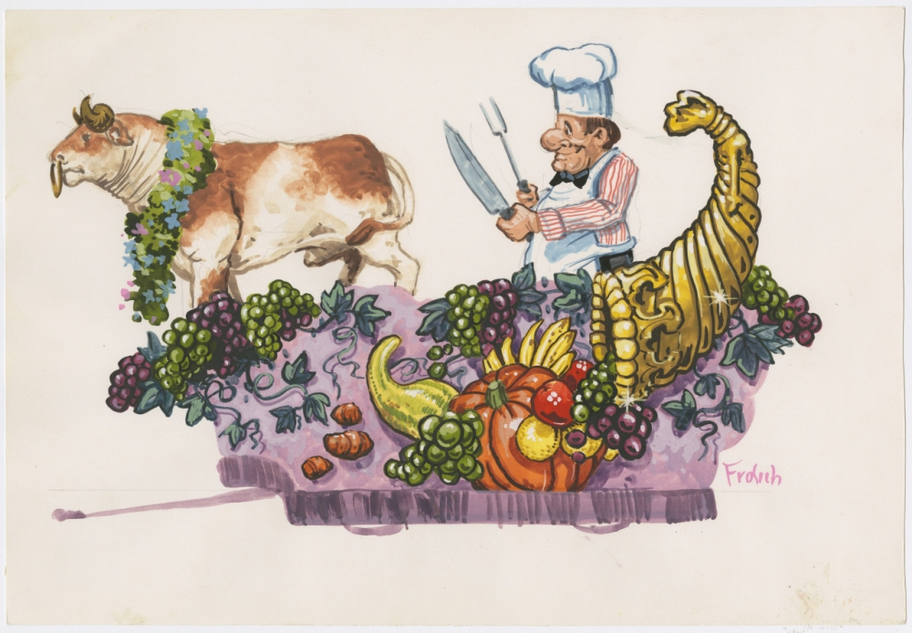A whimsical illustration of a chef in a striped shirt and chefs hat, holding a knife and fork, following a cow draped in garlands. A cornucopia overflows with fruit and vegetables in the foreground.