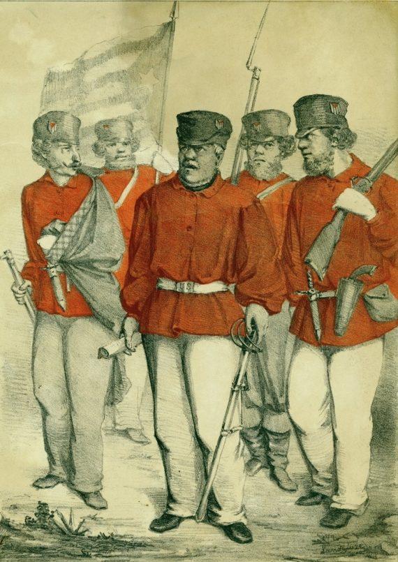 A vintage illustration depicts five soldiers in red uniforms and hats. They hold rifles and a flag, walking purposefully. The background is neutral, highlighting the soldiers as the central focus of the image.