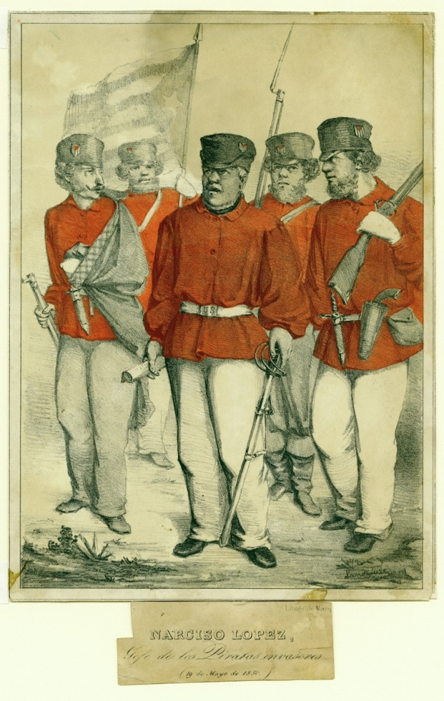 A historical illustration of five soldiers in red uniforms, each holding a weapon. They wear hats and boots, with one raising a flag. The image is in a sepia tone, evoking a vintage feel. Text below reads Narciso Lopez.
