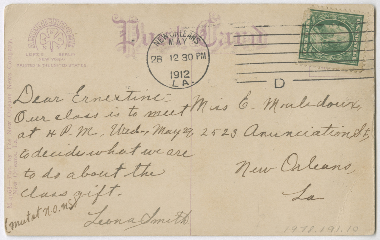A vintage postcard with a handwritten message addressed to Miss E. Mouldow at 2525 Annunciation St., New Orleans, dated May 28, 1912. It discusses a class meeting about a class gift. A green postage stamp is in the top right corner.