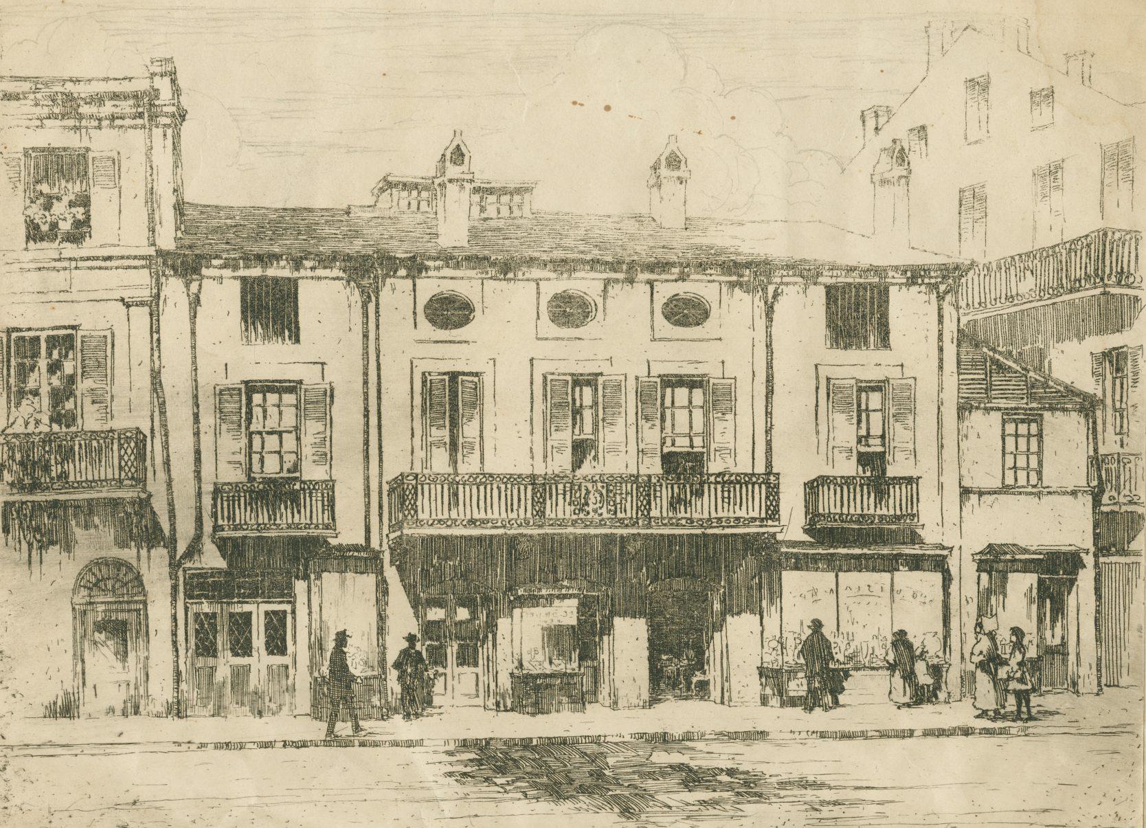 A vintage illustration of a European street scene, featuring a row of two-story buildings with balconies. People are walking and interacting on the sidewalk. The architecture shows ornate windows and doors, creating a classic, historical atmosphere.