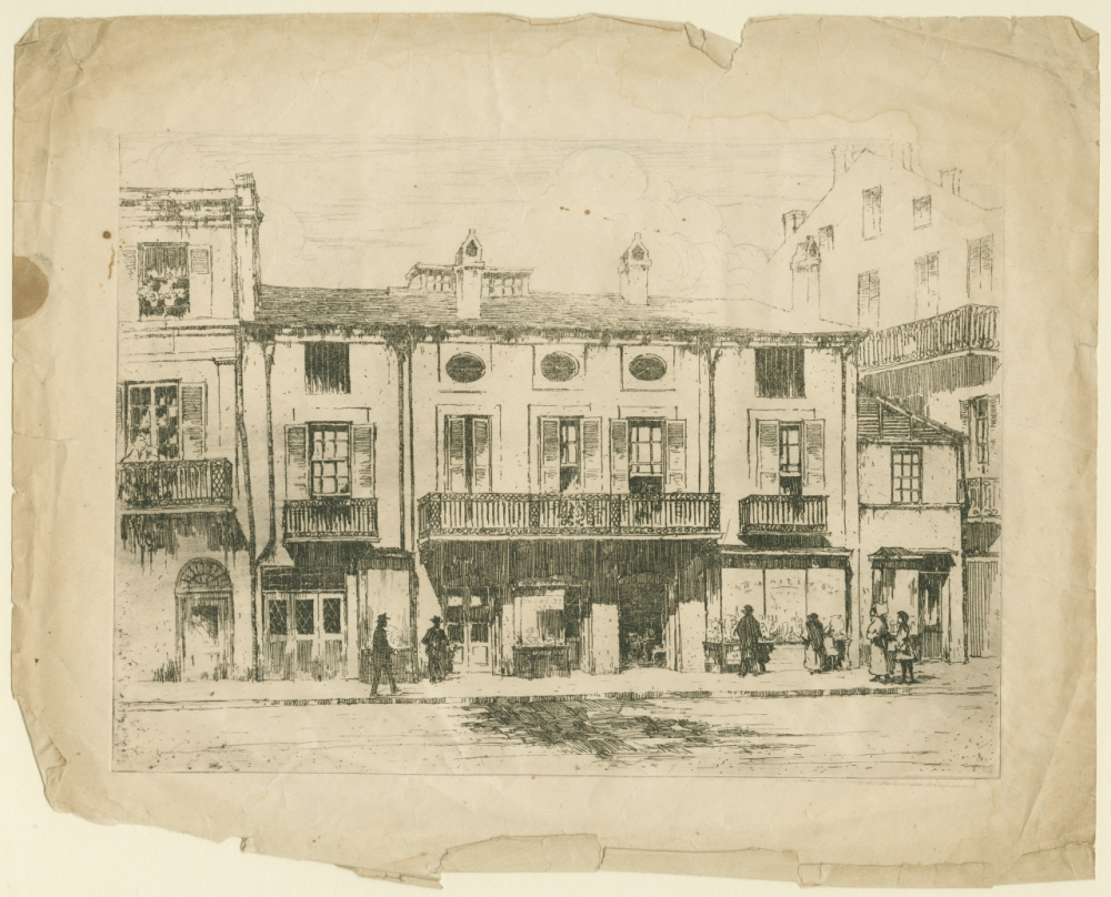 A vintage sketch depicts a row of old two-story buildings with balconies and arched windows. Pedestrians walk along the street below. The paper appears aged and weathered, adding to the artworks historical feel.
