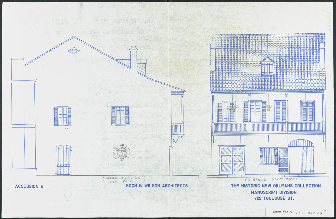 Architectural blueprint of the Historic New Orleans Collection Manuscript Division building. It features front and side elevations with windows, shutters, and a balcony, created by Koch & Wilson Architects.