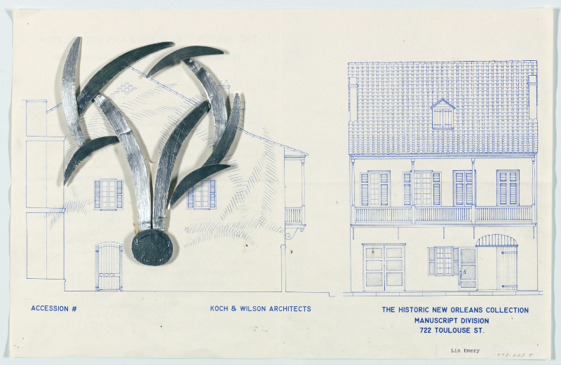 An abstract sculpture is placed over architectural blueprint drawings of a historic New Orleans building. The text includes The Historic New Orleans Collection and architectural firm details.