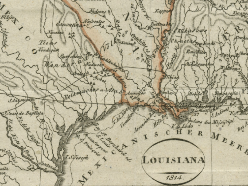 A vintage map from 1814 showing the territory of Louisiana, with detailed geographical features and markings of rivers, regions, and surrounding areas. The map includes labels in German, such as “Mexicanischer Meerbusen.”.