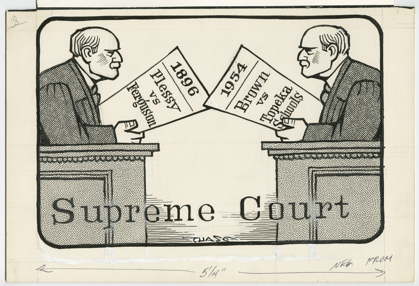 A drawing depicts two judges at desks labeled Supreme Court. One holds a flag labeled 1896 Plessy vs. Ferguson, and the other holds a flag labeled 1954 Brown vs. Board of Education.