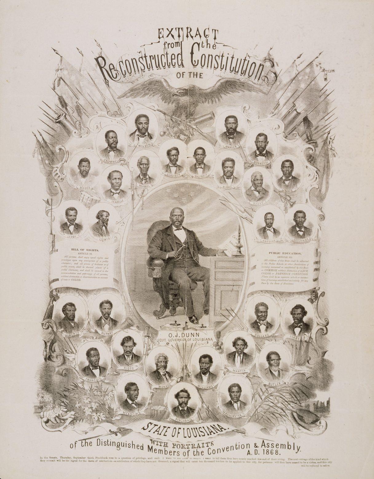 A historical group portrait shows members of the Louisiana Constitutional Convention of 1868. O.J. Dunn is seated at the center. The image has ornate decorations and text titled Extract from the Reconstructed Constitution of the State of Louisiana.
