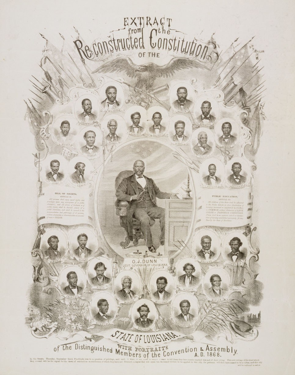 A historical poster featuring portraits of delegates to the 1868 Louisiana Constitutional Convention. Central is a large portrait of O.J. Dunn, flanked by smaller portraits of other members, set against a decorative backdrop with text.