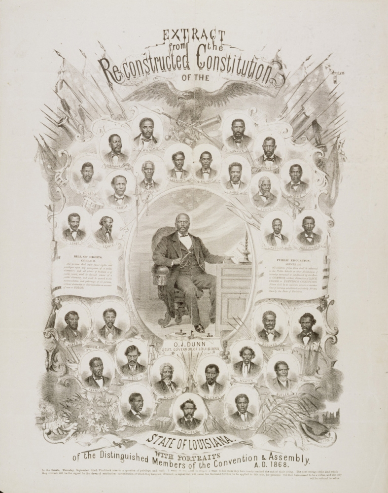 A historical black-and-white illustration featuring portraits of Louisianas 1868 Constitutional Convention members. Central figure seated in a decorative frame surrounded by smaller circular portraits. The title reads Extract from the Reconstructed Constitution.