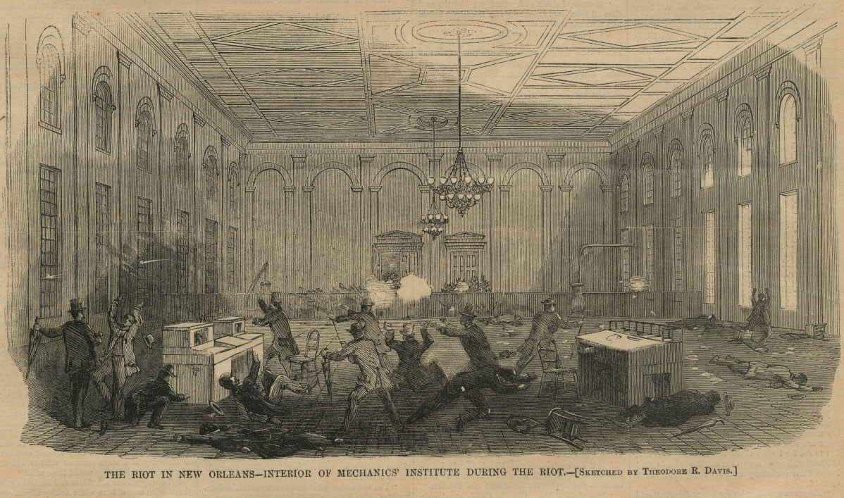 Illustration showing a chaotic scene inside a large room with tall windows and a chandelier, depicting people in distress and conflict during the New Orleans Mechanics Institute Riot. Debris and smoke are visible, conveying a sense of violence and disorder.