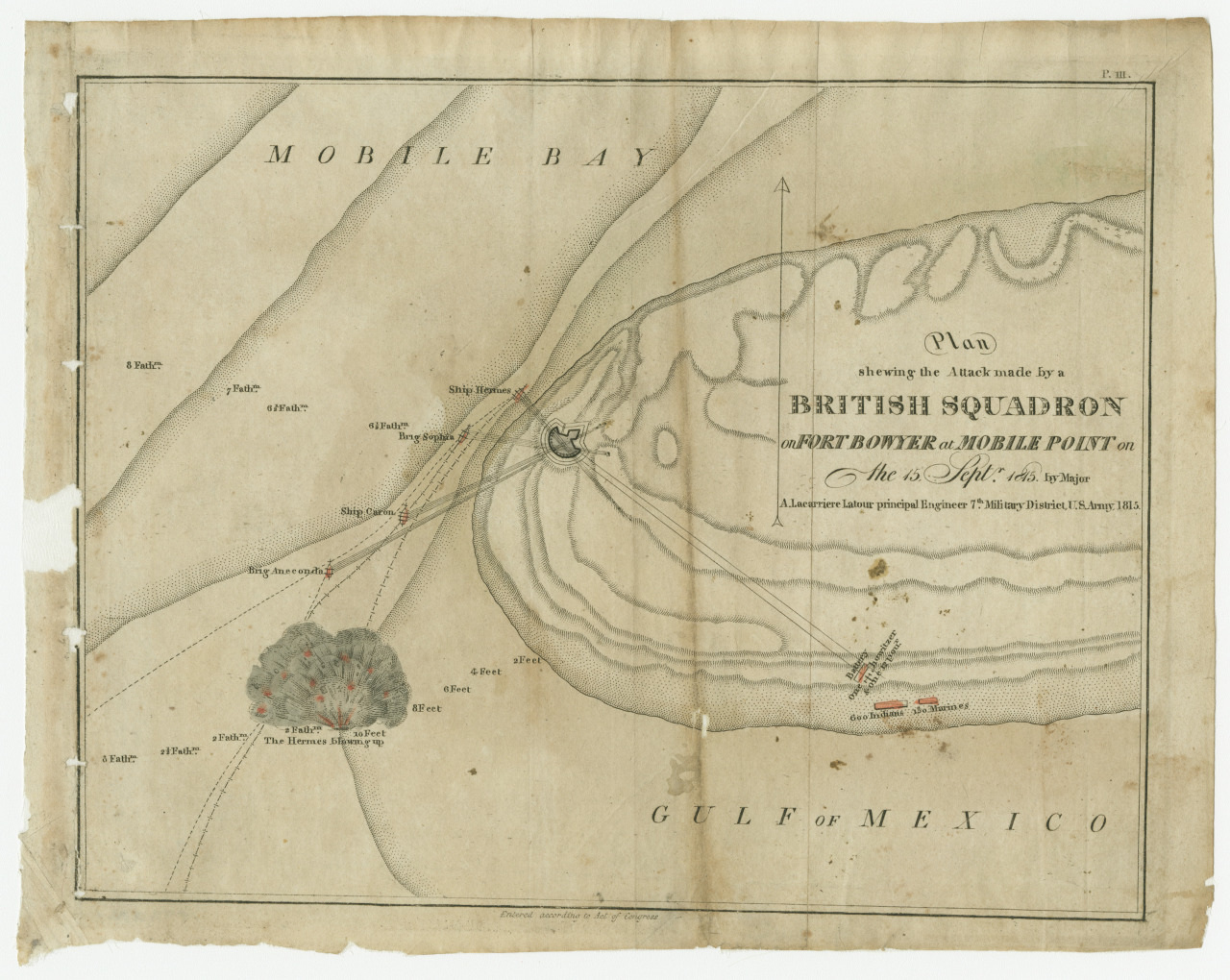 A vintage map showing the British Squadron attack on Fort Bowyer at Mobile Point on the Gulf of Mexico. It details strategic positions, directions, and geographical features, with Mobile Bay to the north and the Gulf to the south.