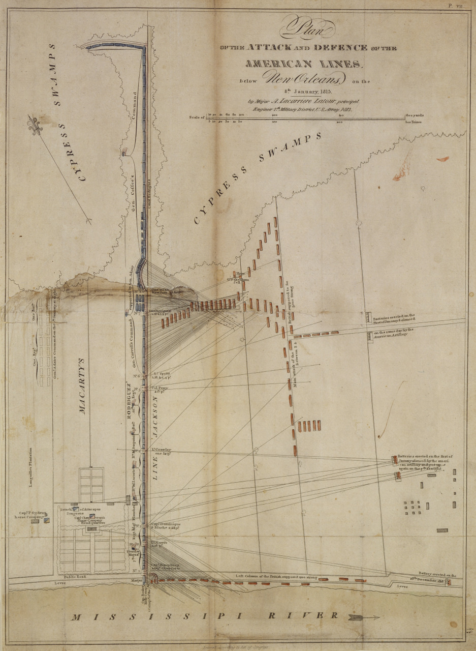 Historical map depicting the attack and defense of American forces in New Orleans during the War of 1812. Shows troop positions, river, swamps, and fortifications along the Mississippi River. Features detailed annotations and coordinates.