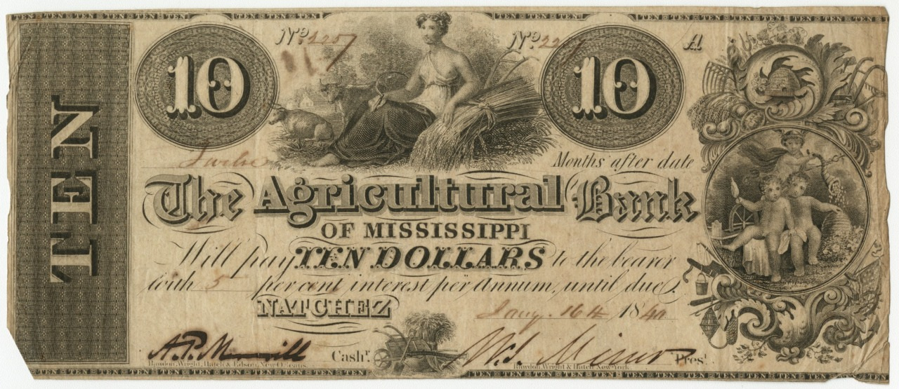 An old ten-dollar banknote from the Agricultural Bank of Mississippi, featuring decorative elements, a woman seated with a cornucopia, and intricate designs with the number 10 prominently displayed.