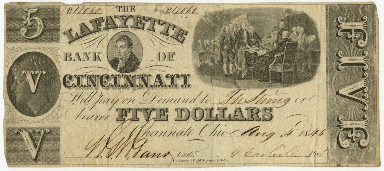 An old five-dollar banknote from the Lafayette Bank of Cincinnati, dated August 2, 1844. It features an image of a man on the left and a group of people sitting at a table on the right.