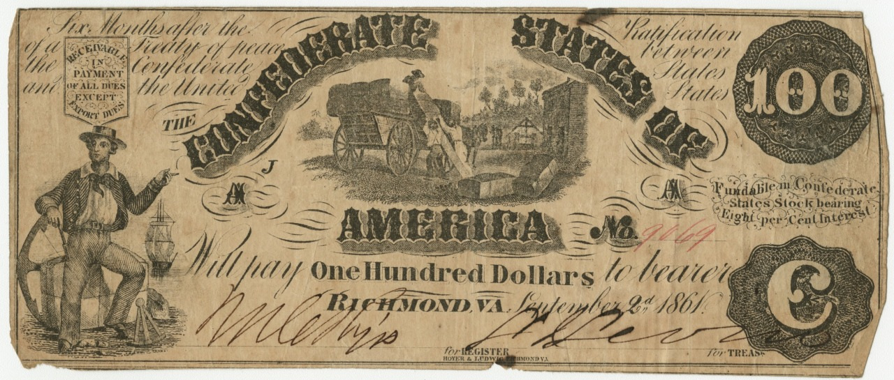 Confederate States of America $100 bill from 1861, featuring a central image of a vignette with a horse-drawn wagon and a man leaning on a bale. Decorative script, engravings, and intricate borders are visible along with the denomination 100 in corners.