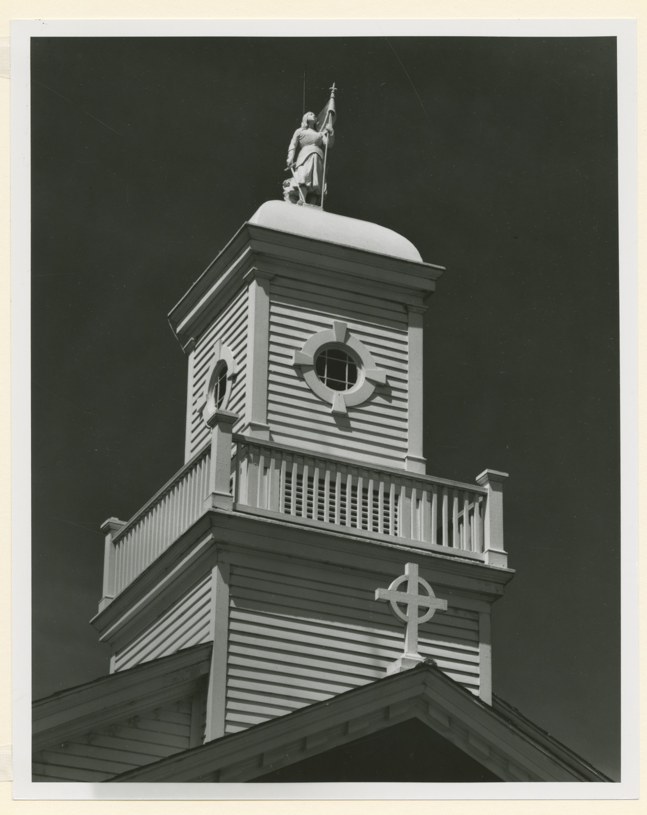 Black and white photo of the top of the Joan of Arc church in LaPlace, between 1940 and 1970.
