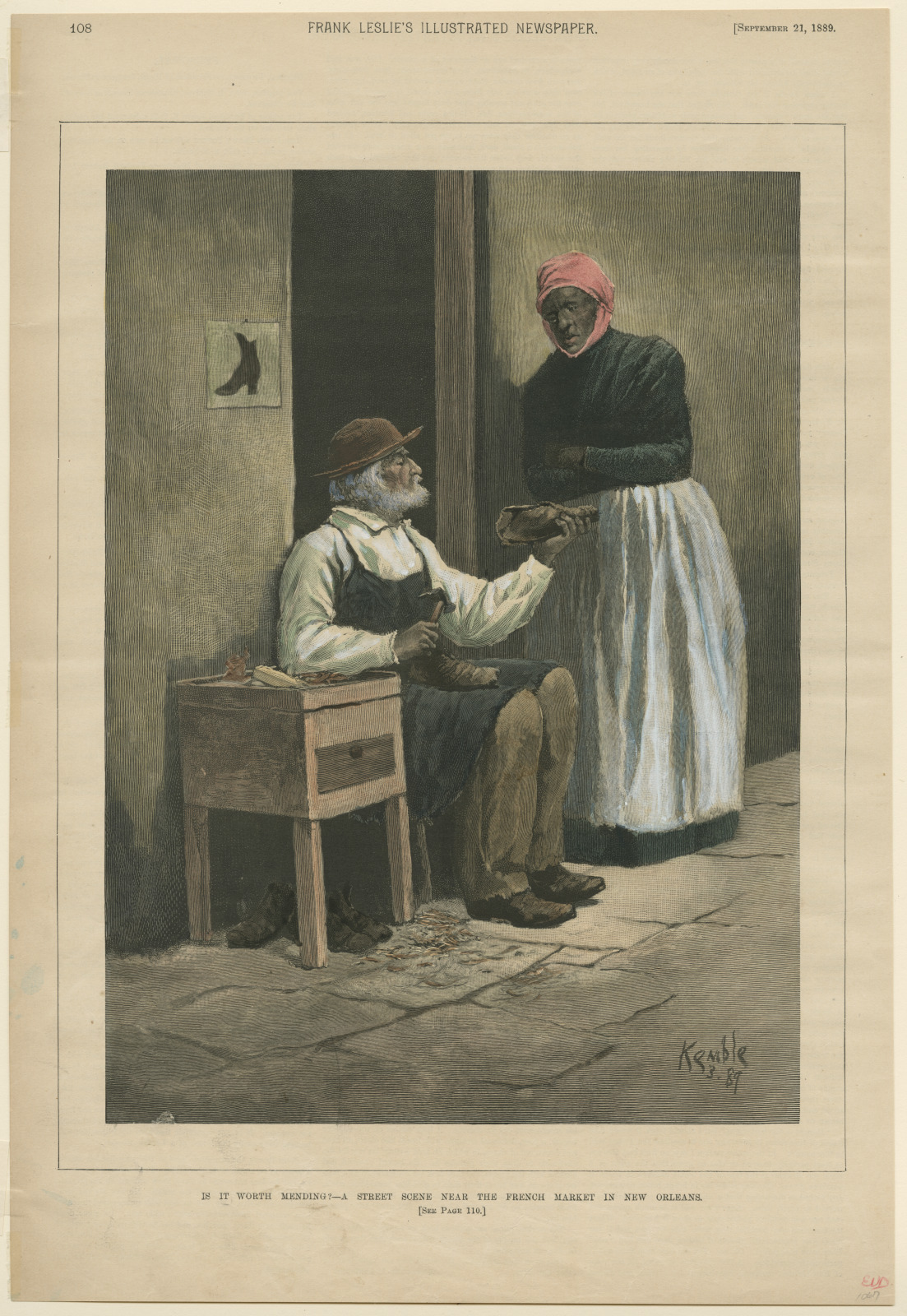 An illustration of a Black craftsman in New Orleans's Frech Market repairing a shoe.