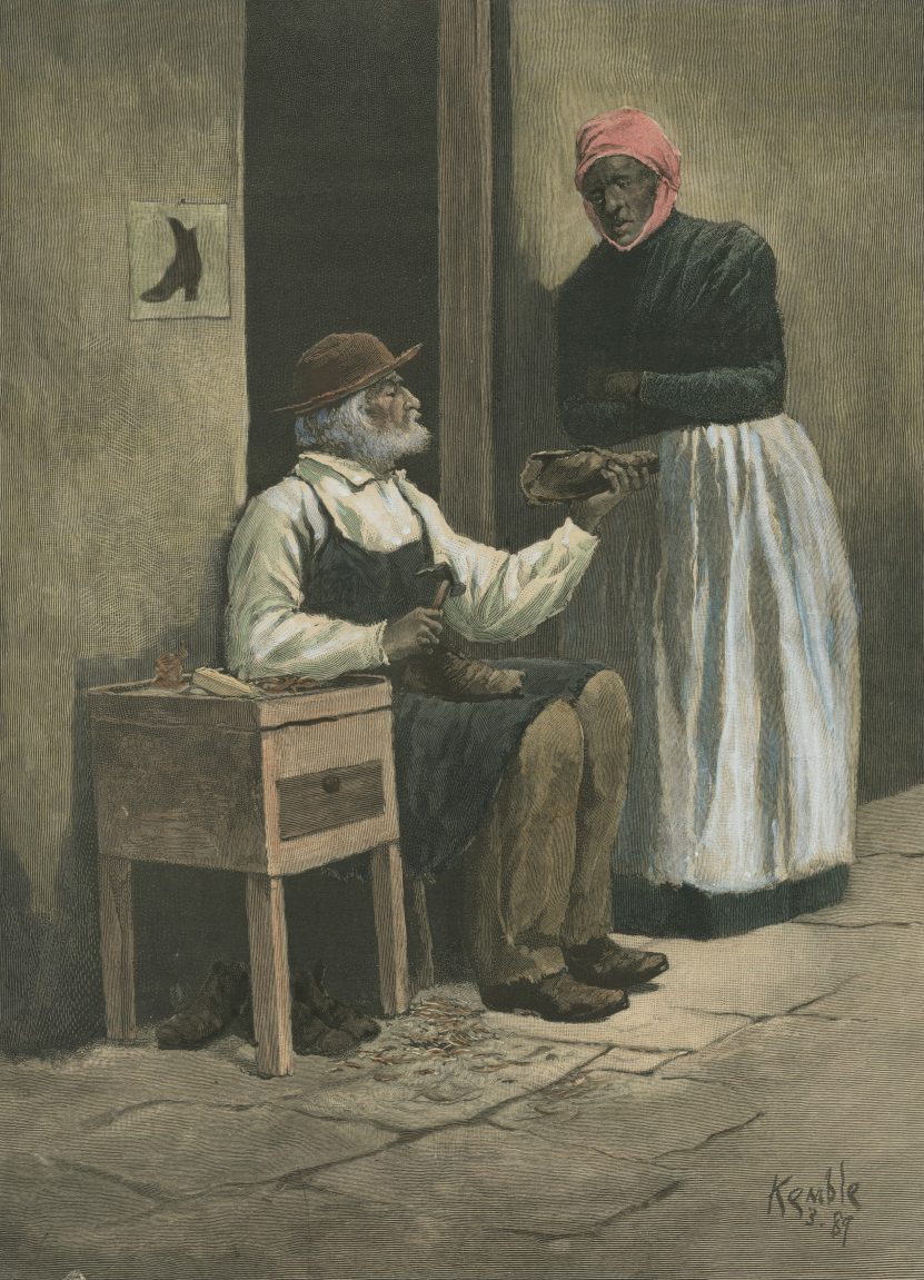 An illustration showing a Black shoemaker near New Orleans's French Market.