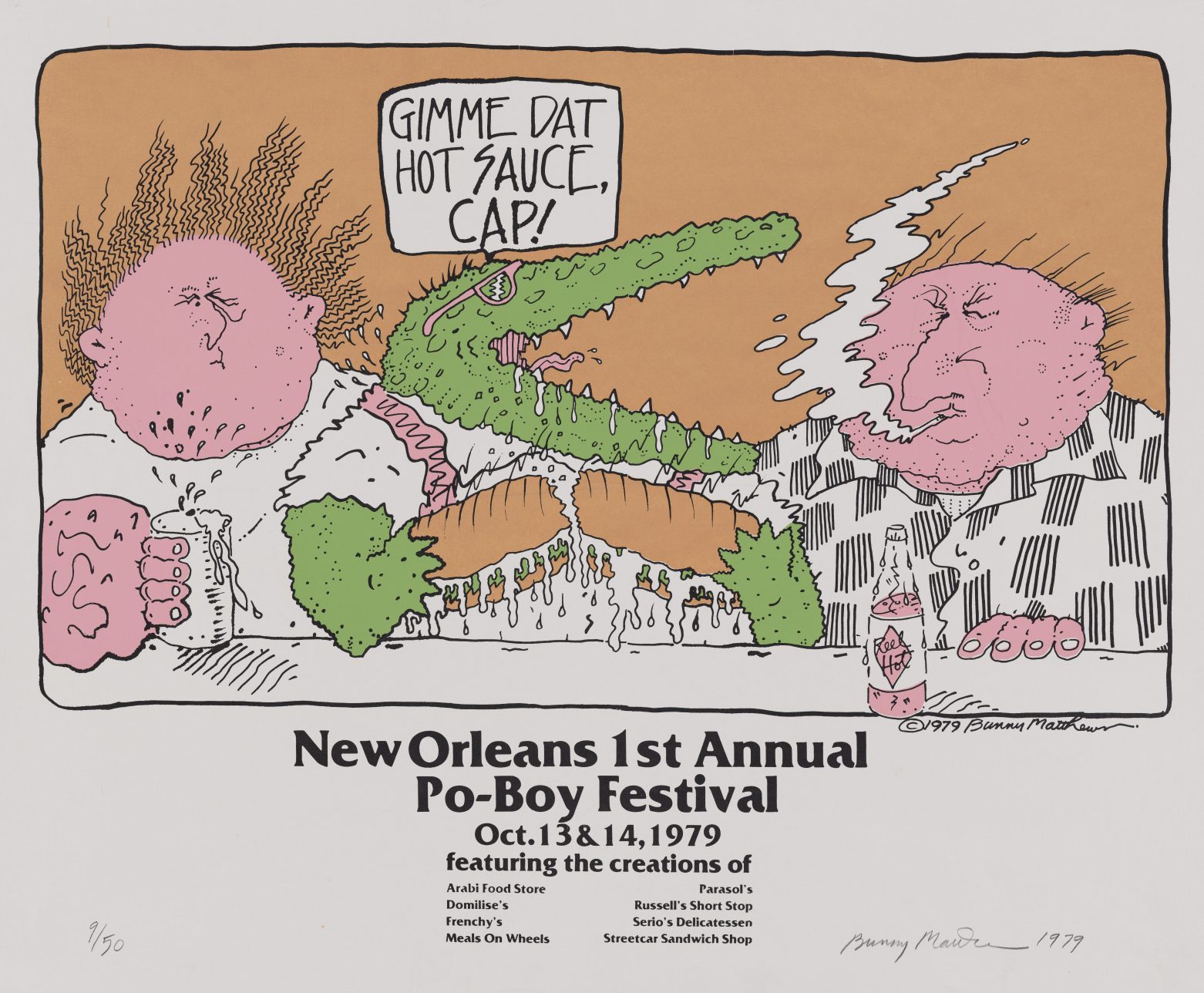 Cartoon of a man eating a poboy sandwich and an alligator reaching across the bar, saying, Gimme dat hot sauce, cap! The poster advertises the New Orleans 1st Annual Po-Boy Festival, October 13 & 14, 1979.